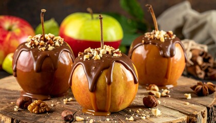 Delicious Caramel Apples with Chocolate and Nuts - A Sweet Treat.