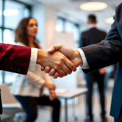 Close-up of a business handshake in an office setting, highlighting partnership and agreement concepts