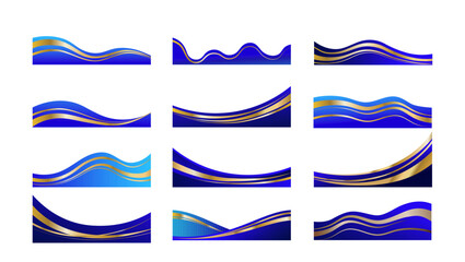 Blue and gold line borders set, luxury curved frame for banner or certificate isolated on white background, collection