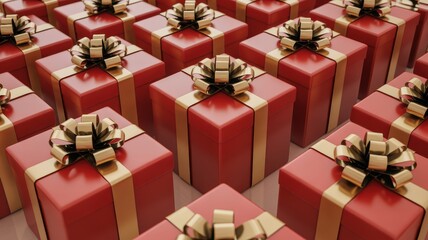 Elegant red gift boxes with golden ribbons, perfect for Christmas promotions, holiday sales, and festive marketing campaigns, conveying joy and celebration