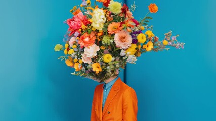 Surreal fashion portrait of a man in a bright suit with a blooming bouquet head against cyanwhimsical creative concept perfect for advertising, editorial, and bold spring campaigns. - Powered by Adobe