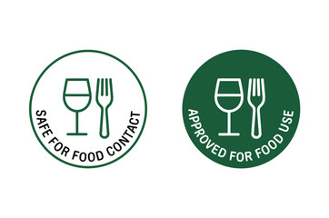 Two circular icons, one green and one white, indicating food safety and food contact approval.