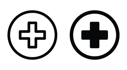 Black and White Plus Symbols in Circular Frames for Design and Graphics