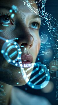 Decoding the future: A scientist gazes upwards, surrounded by glowing data visualizations, representing cutting-edge science and technology, DNA strands, and the quest for knowledge and discovery.