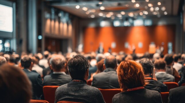 Conference Audience: A blurred interior shot captures a large audience, all attentively focused on a stage during a professional conference.