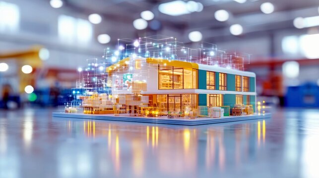 A detailed architectural model of a modern building is displayed on a reflective surface, with a glowing digital network superimposed over it.