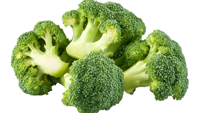 Pile of fresh green broccoli florets isolated on transparent background, healthy eating