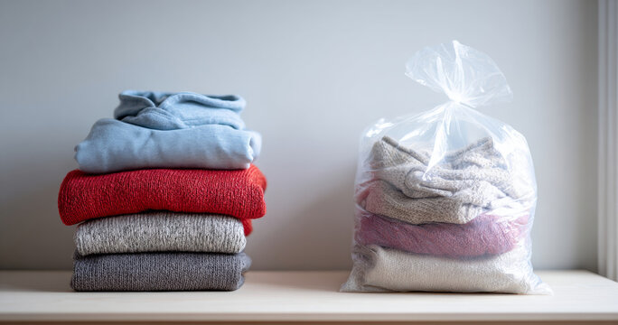 Stack of folded sweaters next to a clear plastic bag filled with folded knitwear on a wooden surface against a plain background
