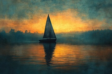 A lone sailboat glides serenely on calm waters, reflecting the vibrant orange and teal sunset. Distant trees silhouette against the tranquil, textured horizon.