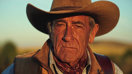 Closeup portrait of elderly cowboy in hat outdoors, symbolizing lifestyle, tradition, heritage, western culture, rural authenticity, rugged masculinity and advertising visuals.