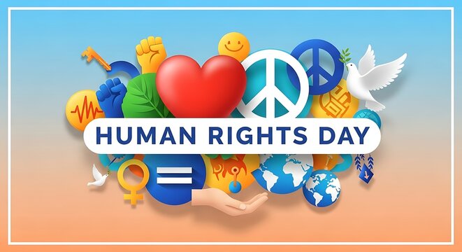 Celebrate human rights day with symbols of peace equality and justice for all people globally now today