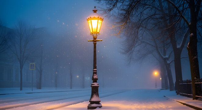 Atmospheric Winter Street Lamp Post with Falling Snow and Foggy Ambiance - Powered by Adobe