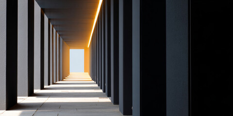 Modern architectural corridor with repetitive vertical columns and illuminated ceiling strip leading to bright open sky