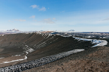 View of the circular crater of the Hverfjall volcano, Iceland