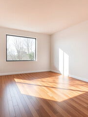 Modern empty living room with hardwood floors, large window, and white walls
