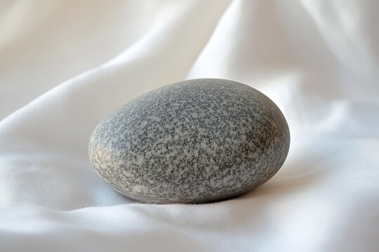 A speckled grey river stone rests peacefully on flowing white fabric, highlighting natural texture and minimalist aesthetics with soft light and shadow. - Powered by Adobe