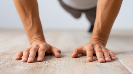 Close-up of hands supporting body weight during a push-up exercise on wooden floor with blurred background