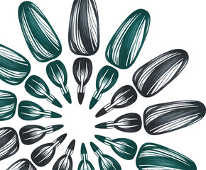 Seeds arranged in a circular pattern on a white background art