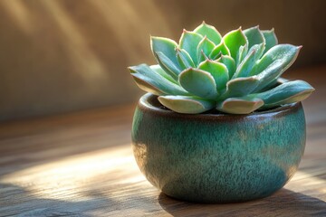 A vibrant green Echeveria succulent plant in a stylish teal ceramic pot, illuminated by warm sunlight on a rustic wooden surface.