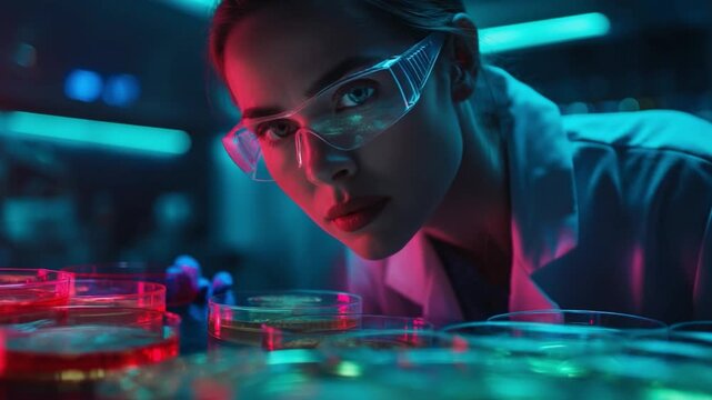 Lab Scientist's Focused Study: A focused scientist, shielded by safety glasses, intently examines petri dishes within a futuristic laboratory setting. Witnessing the precision and dedication.