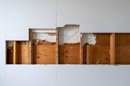 Damaged drywall reveals wood studs and cracked paint in need of repair and restoration