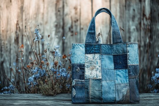 A handmade denim patchwork tote bag sits on a rustic wooden surface, with faded wildflowers in the background. - Powered by Adobe