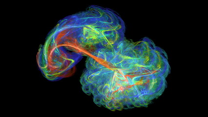 Bright and colorful swirls blend together in a creative display, capturing the essence of movement and energy in an abstract digital artwork set against a dark background. 3d render