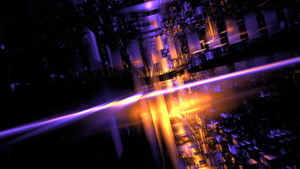 vibrant and colorful scene showcases an abstract cityscape filled with purple and orange lights. 3d render