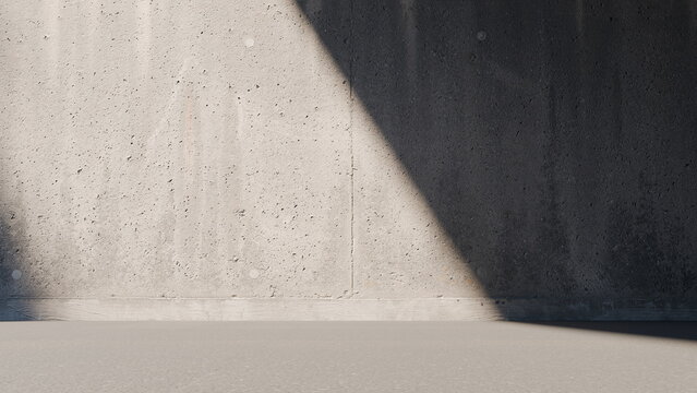 scene shows a textured concrete wall with a prominent shadow extending across the smooth floor. Soft natural light enhances the contrast, creating an interesting visual effect. 3d render