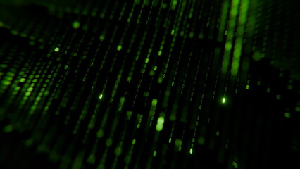 Bright green binary code streams vertically, creating a dynamic digital rain effect. This scene evokes a sense of technology and data movement in a futuristic setting. 3d render