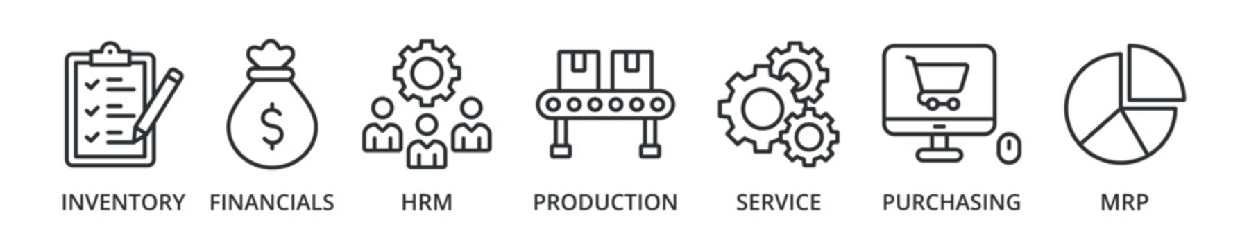 ERP banner icon with inventory, financials, hrm, production, service, purchasing, mrp