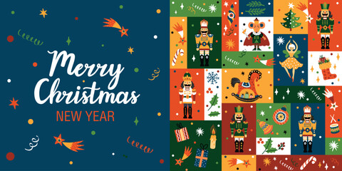 Festive banner with a cute Nutcracker. Poster. Christmas illustration. Interior poster. 
