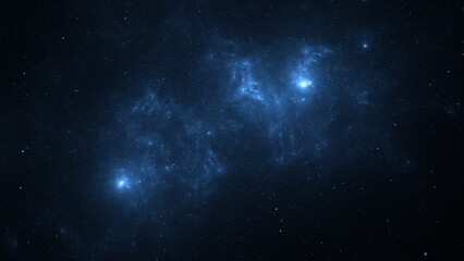 Mystical dark sky showcases shining stars and vibrant blue nebulae, creating a stunning view of the universe's beauty during a clear night in space. 3d render