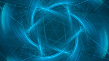 Swirling blue light forms an intricate design that evokes a sense of movement and depth against a dark backdrop. 3d render