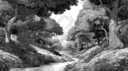 Black and white ink illustration of a dense forest with a flowing river, detailed trees and foliage