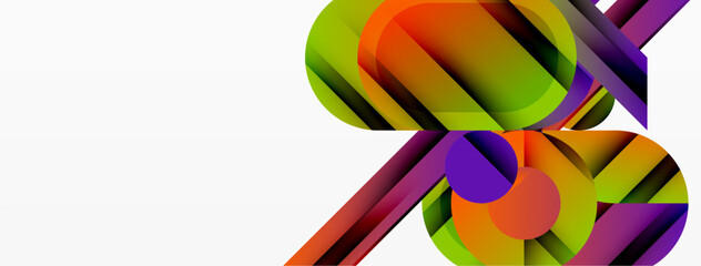 Abstract composition featuring vibrant overlapping circles, rectangles. Dynamic interplay colors creates modern visual experience.