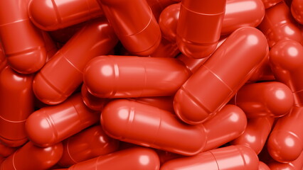 close-up view of numerous red capsules arranged closely, displaying their shiny surfaces and smooth...