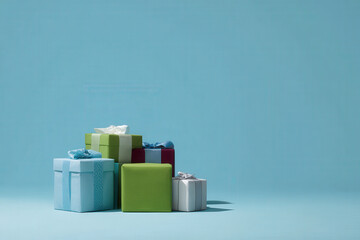 modern gift arrangement on clean ultrabright background featuring array of beautifully wrapped gifts