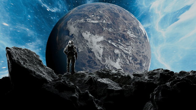 astronaut in a space suit gazes at a stunning view of Earth from a rocky landscape in deep space. scene captures the vastness and beauty of the universe. 3d render