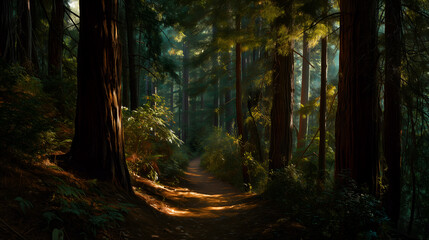 Fototapeta premium Narrow dirt trail through dense forest with sunbeams filtering through conifers. Ideal for editorial, nature, travel, or environmental photography themes.