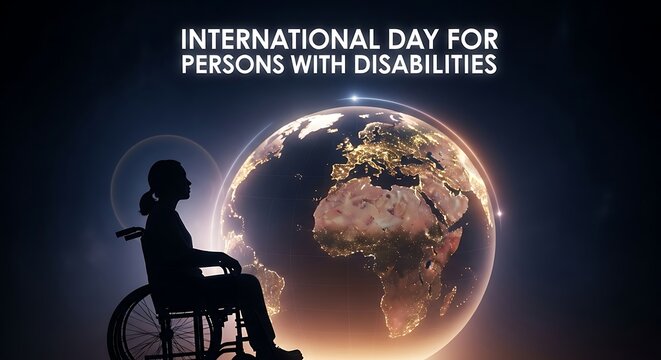 Silhouette of person in wheelchair with earth globe for international day of disabilities - Powered by Adobe