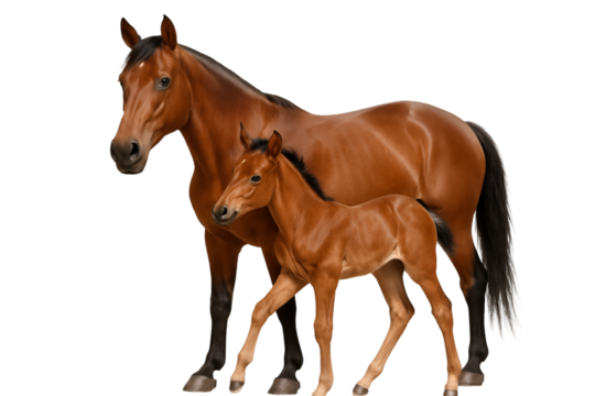 Beautiful brown mare standing with her young foal isolated on transparent background