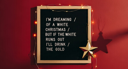 Framed letter board displays holiday message with gold star and string lights on a red wall, symbolizing festive spirit and seasonal celebration