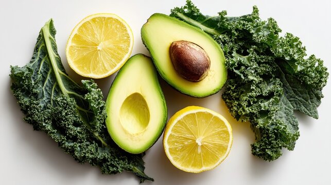 Fresh avocado halves with lemon slices and kale leaves on white background for healthy eating, nutrition and clean diet lifestyle concepts