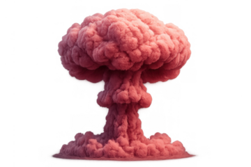 Growing pink nuclear mushroom cloud explosion of smoke and dust representing devastation and danger on transparent background