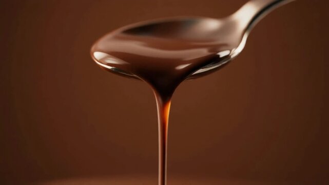 Macro close-up video of melted chocolate slowly dripping down a spoon, cinematic warm light, smooth and glossy texture, soft focus.