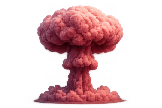 Growing pink nuclear mushroom cloud explosion of smoke and dust representing devastation and danger on transparent background - Powered by Adobe