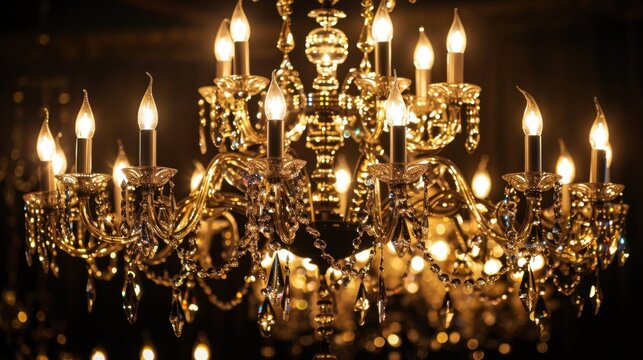 A luxurious crystal chandelier with multiple arms and candle-like lights. The warm glow creates an elegant atmosphere in a dimly lit room.