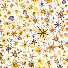 Sparkling abstract starbursts and celestial patterns in vibrant golden yellow and deep orange tones create a festive and energetic background for celebrations and design projects.