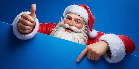 Cheerful Santa Claus with white beard points down, gives thumbs up against blue backdrop